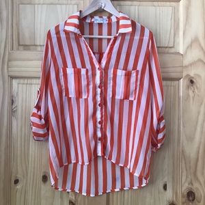 🎈SANS Souci sheer striped cuffed sleeve chest pocket high-low blouse size M